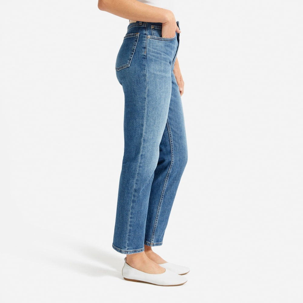 The Super-Straight Jean in Medium Blue Wash — detail view