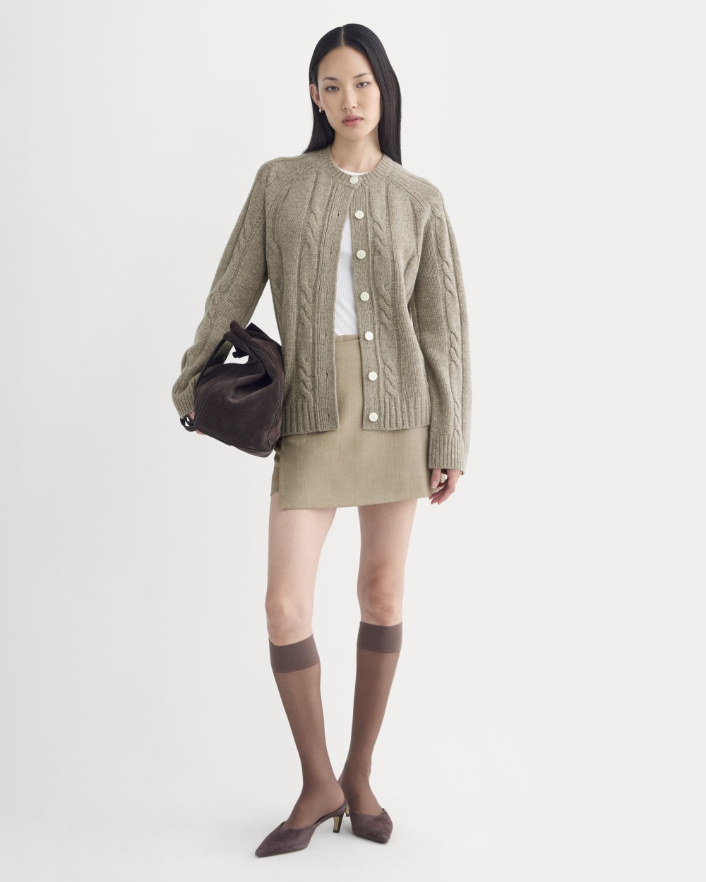 Cable Cardigan in Extrafine Luxe Merino in Heather Soft Taupe — detail view