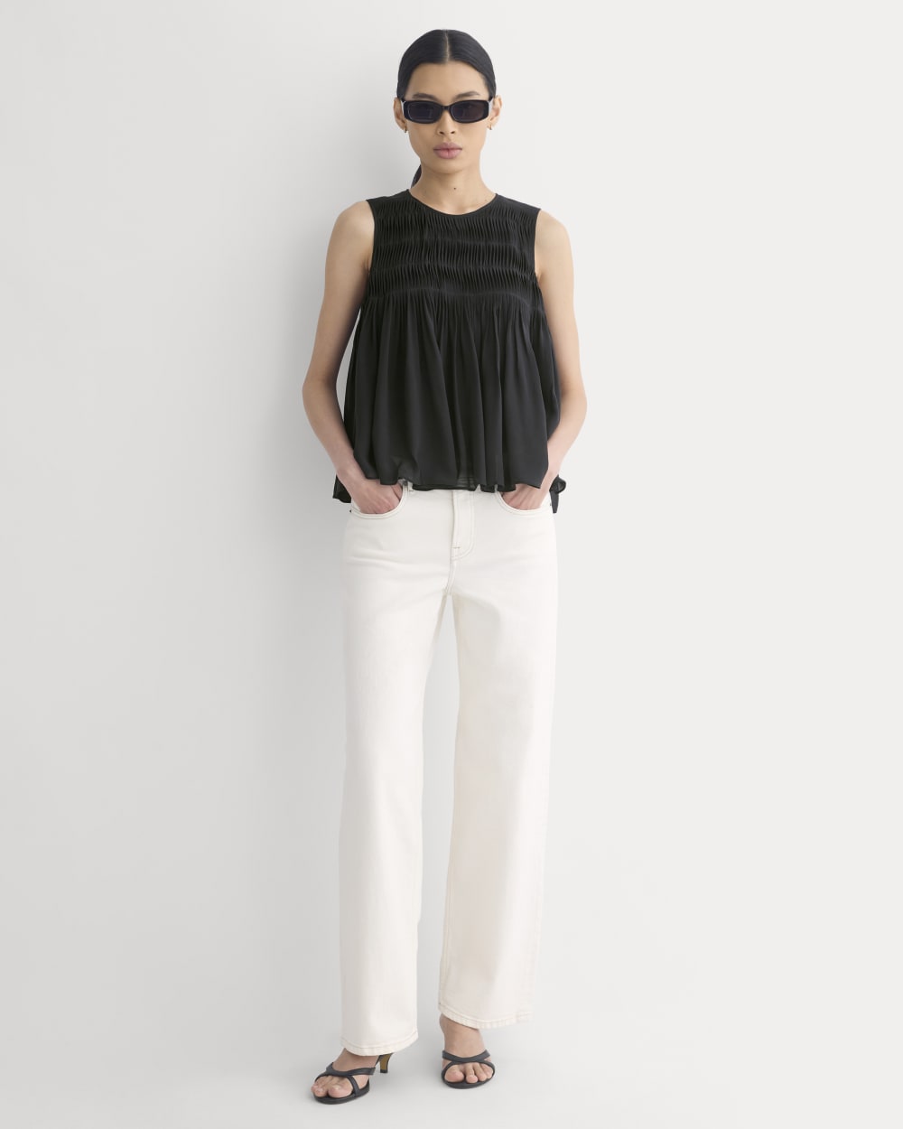 Twisted Pleat Tank in Silk Georgette in Black — detail view