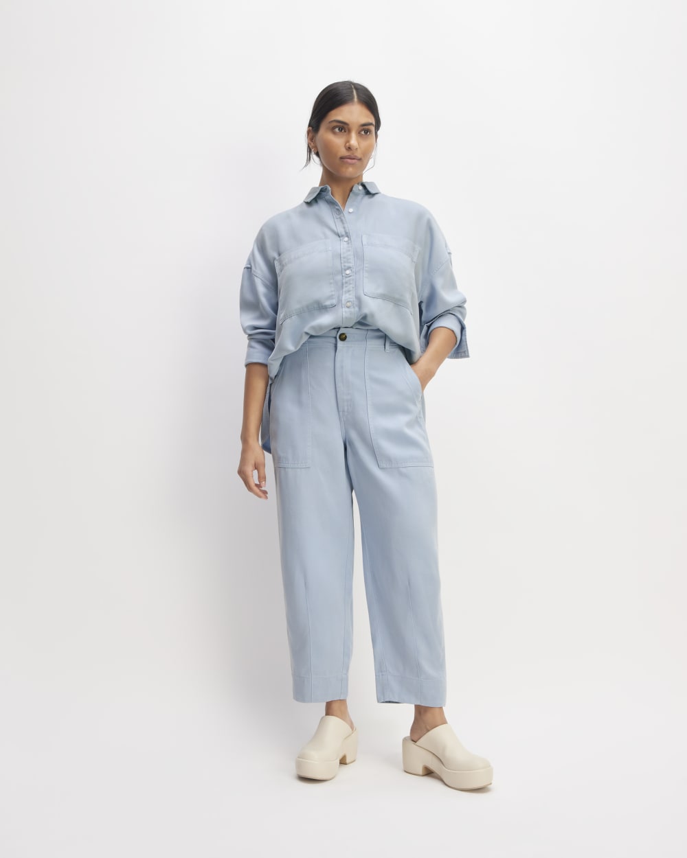 The Boxy Overshirt in Buttersoft in Chambray Blue — detail view