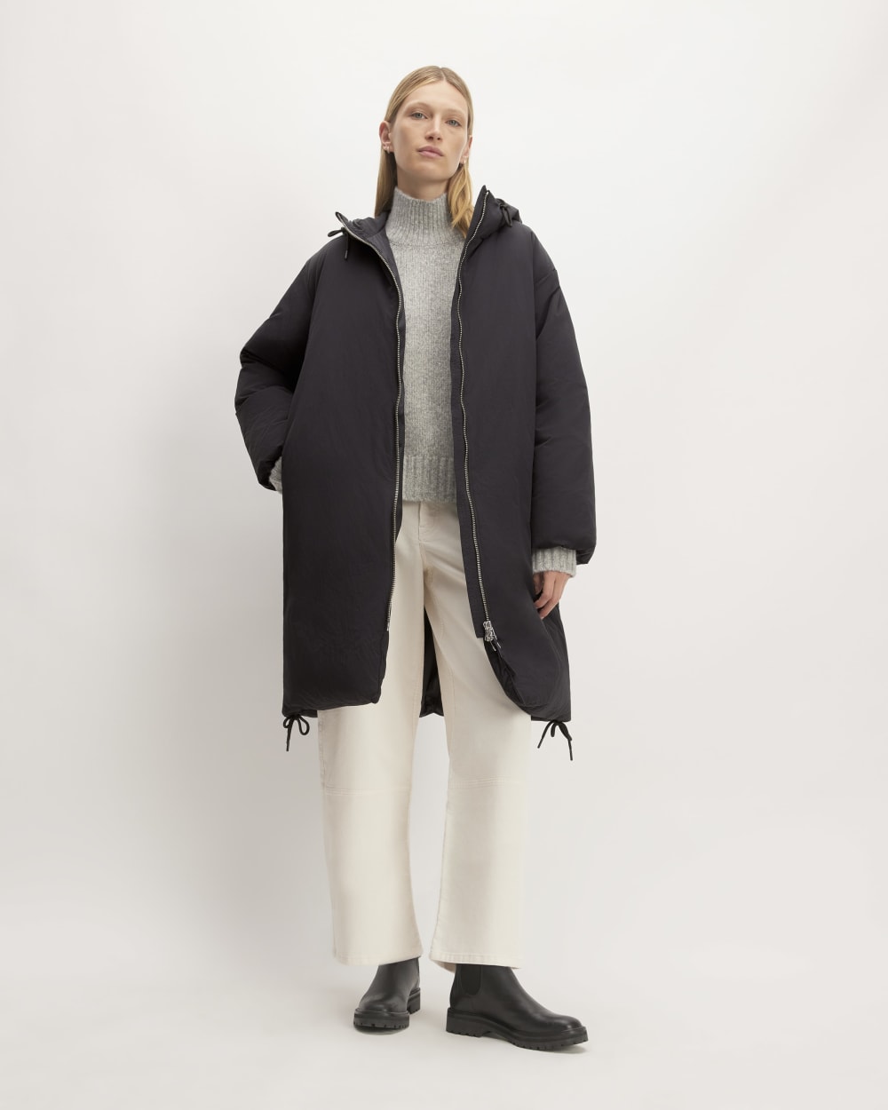 The Long Re:Down® Puffer in Black — front view