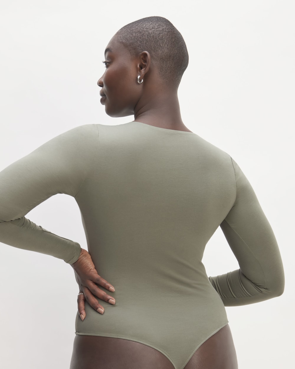 The Long-Sleeve Supima® Square-Neck Bodysuit in Dark Sage — detail view