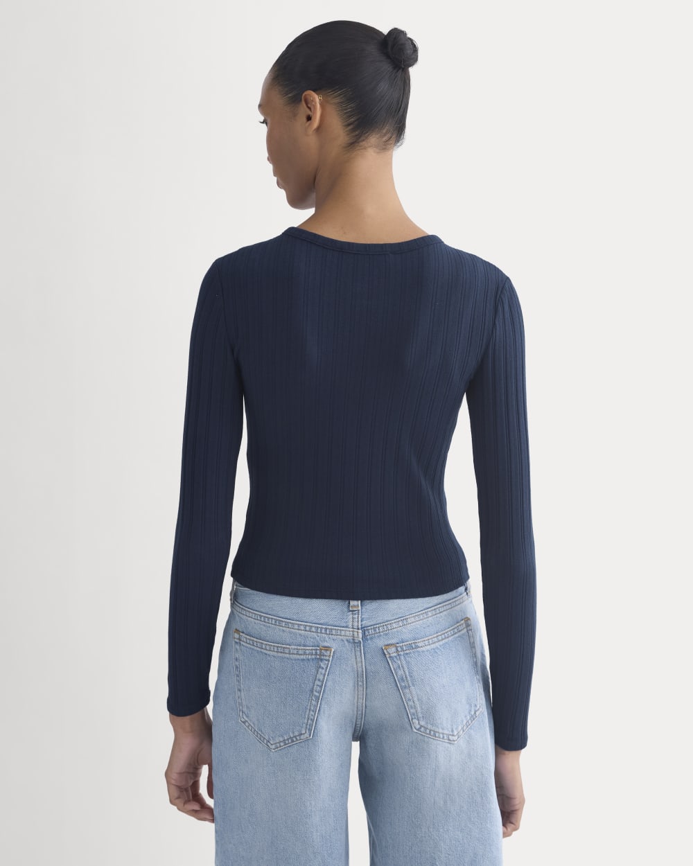 Cardigan in Pointelle in Deep Navy — detail view