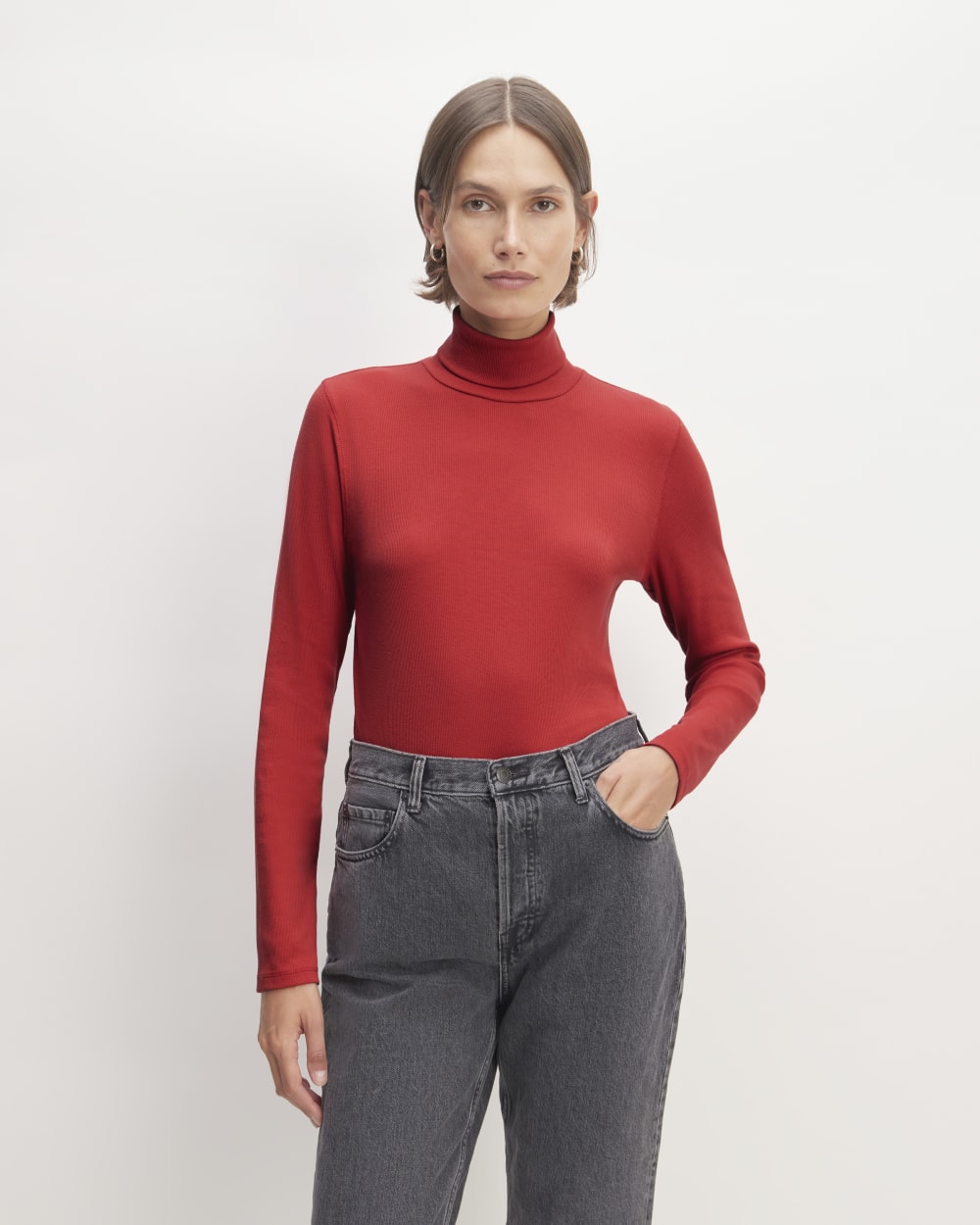 The Luxe Rib Turtleneck in Haute Red — front view