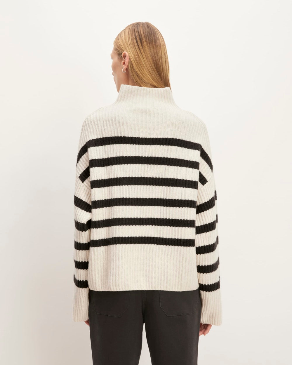The Felted Merino Funnel-Neck Pullover in Black / Bone — detail view