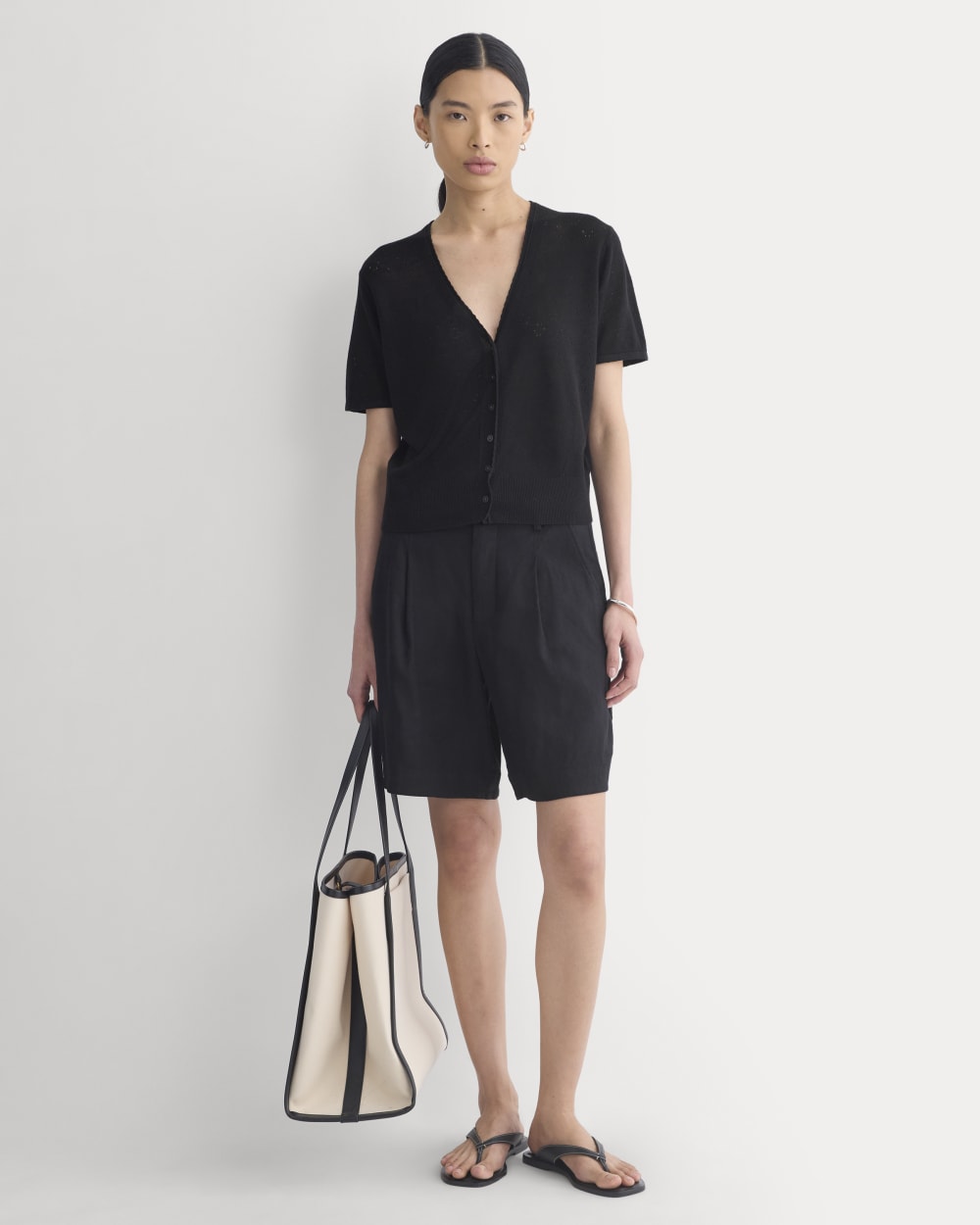 Lace Trim Cardigan in Fine Linen in Black — detail view