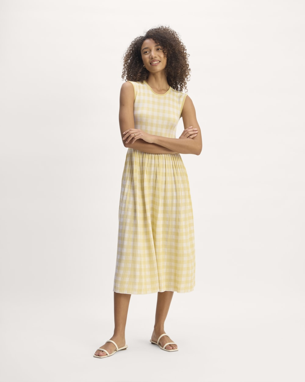 The Knit Pleated Dress in Bone / Parsnip Gingham — front view