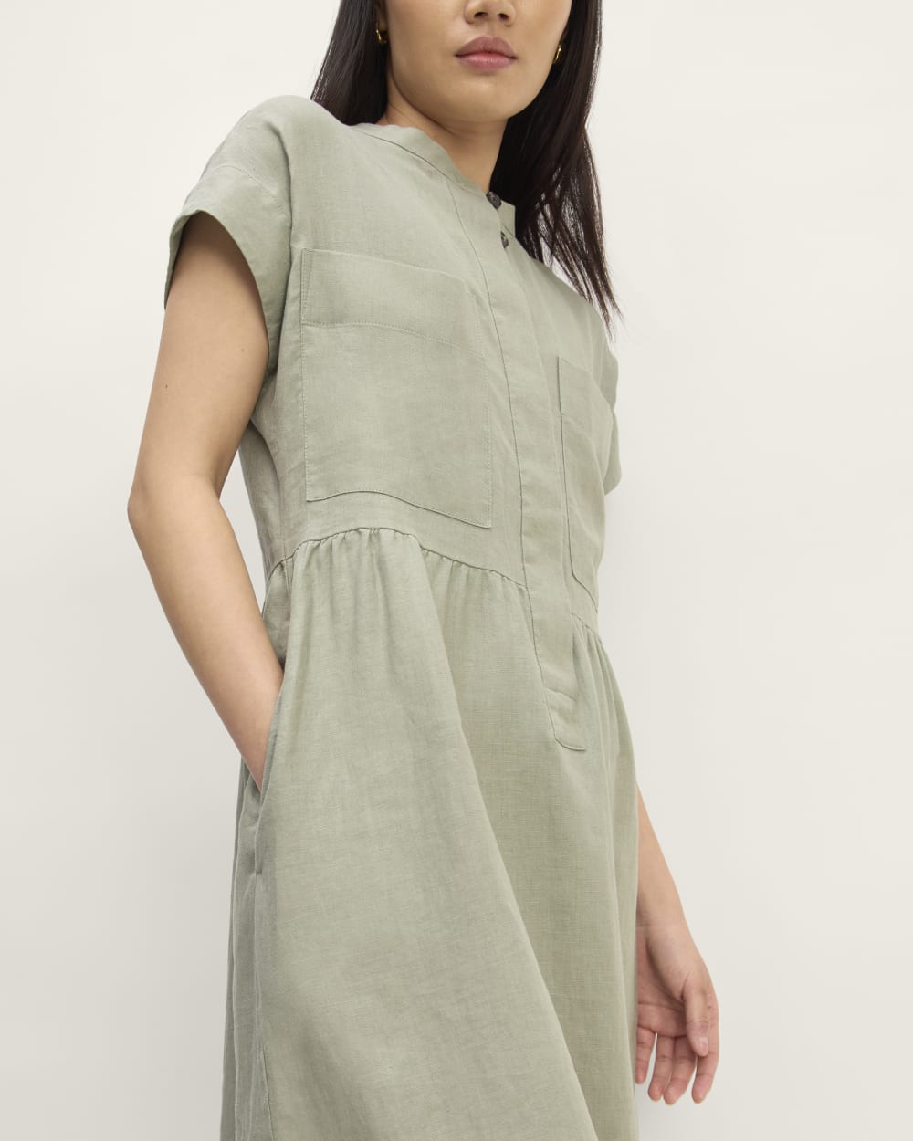 The Craft Dress in Linen in Sage Green — detail view