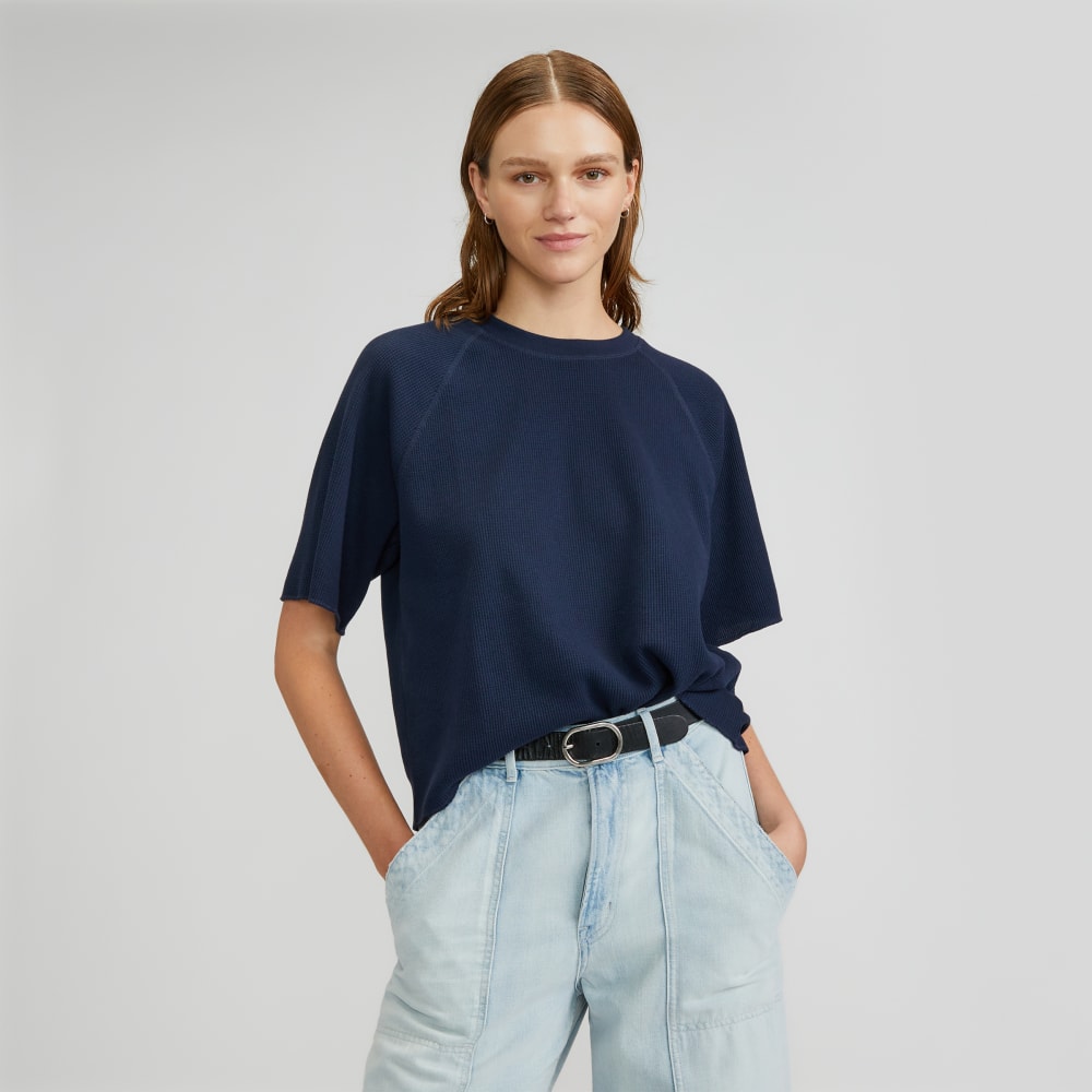 The Organic Cotton Waffle Raglan Tee in Navy — front view