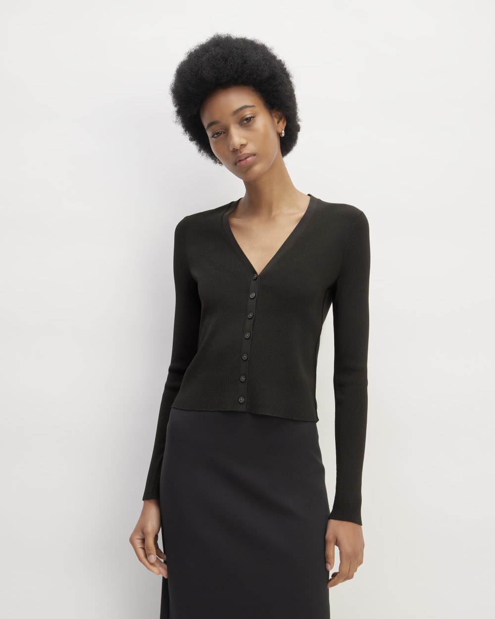 The Viscose Knit Cardigan in Black — front view