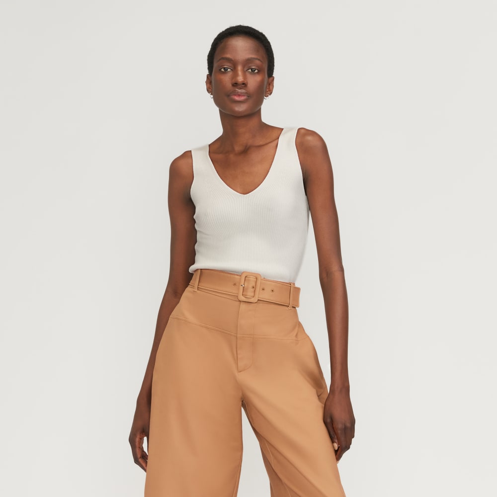 The Ribbed Cotton Double V Top in Bone — front view