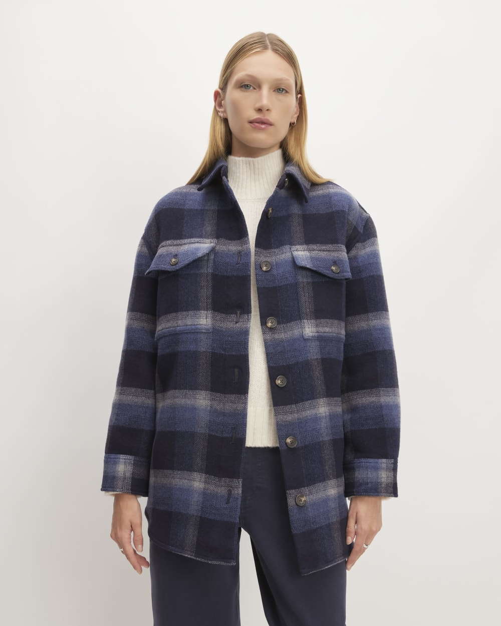 The Italian ReWool® Oversized Shirt Jacket in Navy / Shadow Plaid — front view