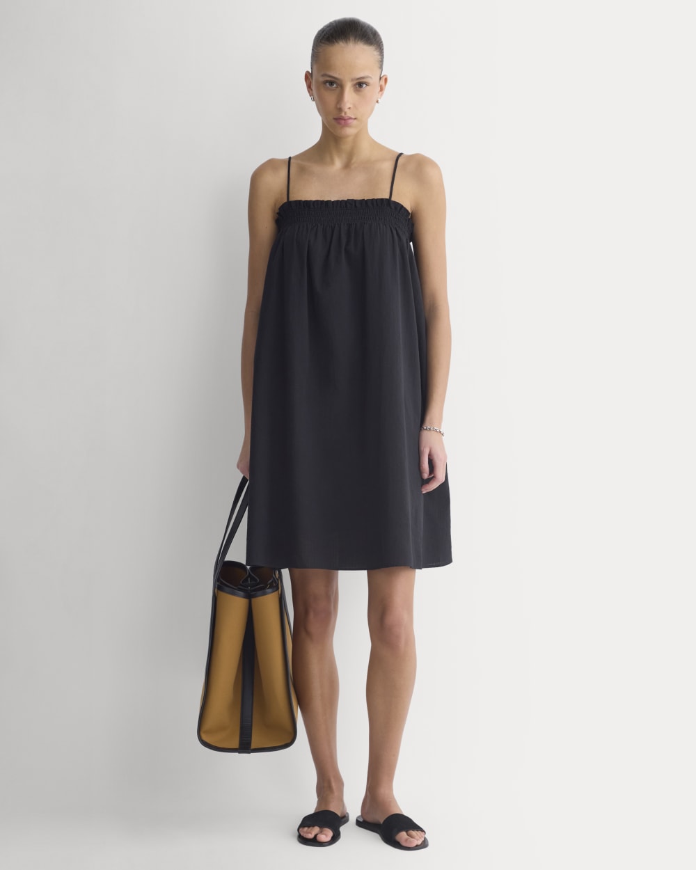 Gauze Smocked Dress in Black — front view
