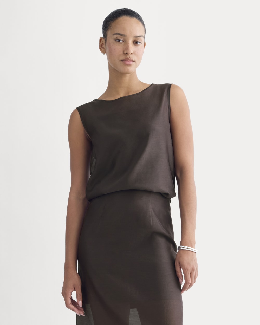Sleeveless Top in Cotton-Silk Organza in Dark Chocolate — front view