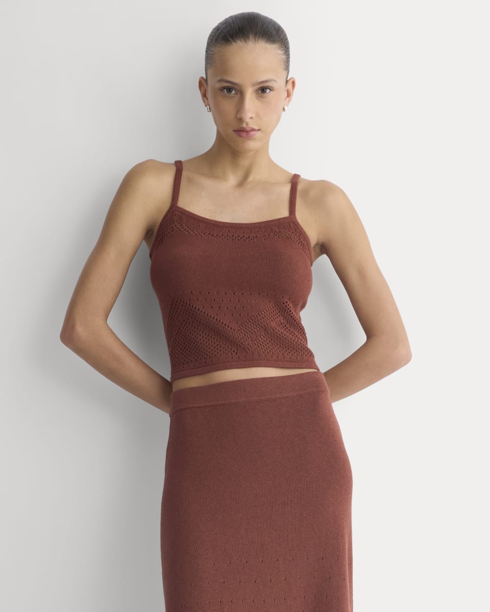 Lace-Knit Cami in Henna Red — front view