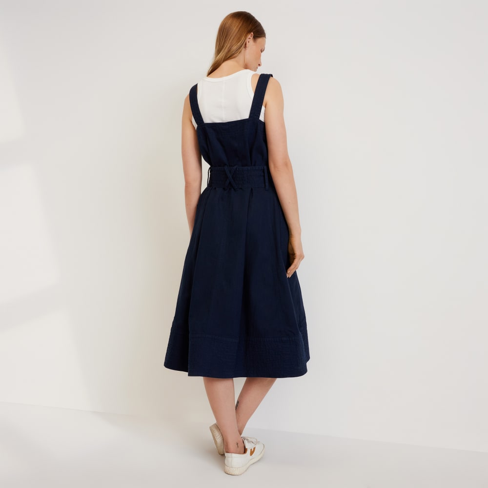 The Organic Cotton Herringbone Dress in Navy — detail view