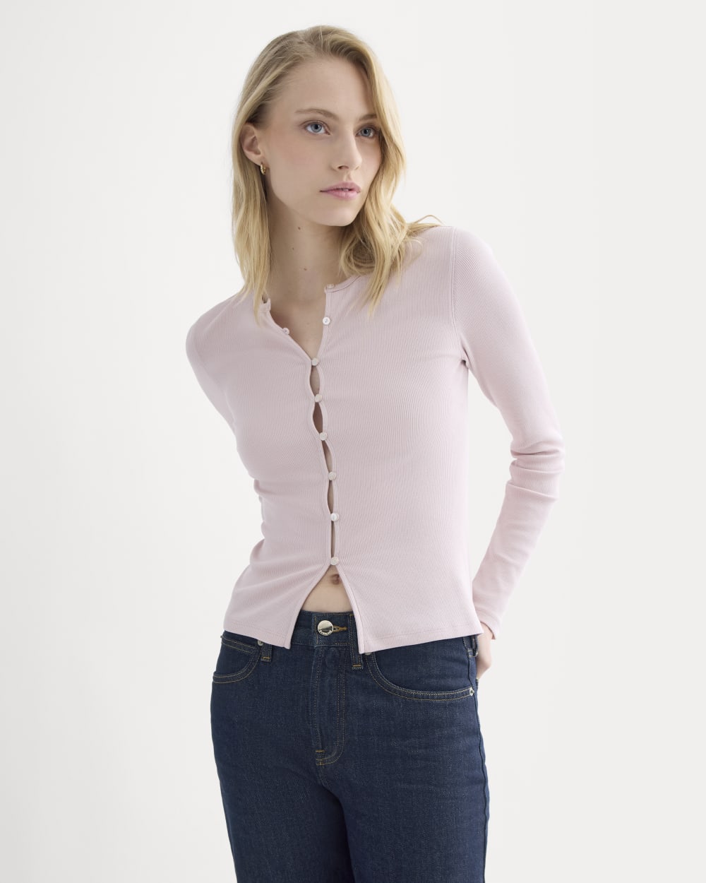 Luxe Rib Button-Up Top in Burnished Lilac — front view