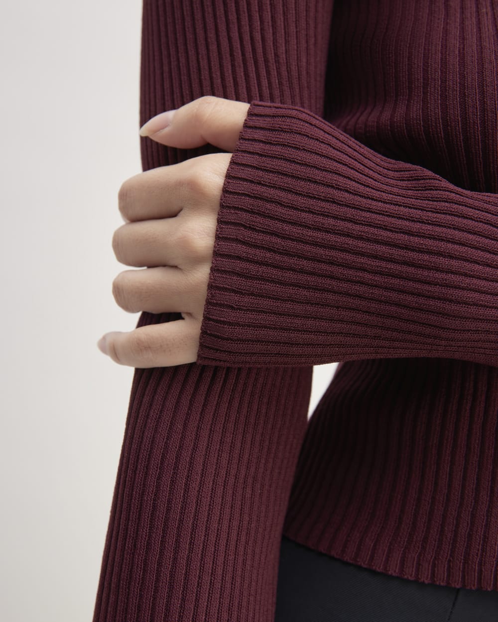 The Ribbed Cropped Cardigan in Burgundy — detail view