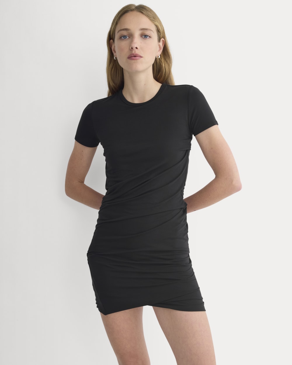 Twisted Short-Sleeve Crew Dress in Black — detail view