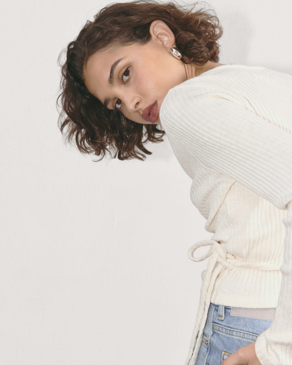 The Cozy Rib Wrap Top in Bone — detail view