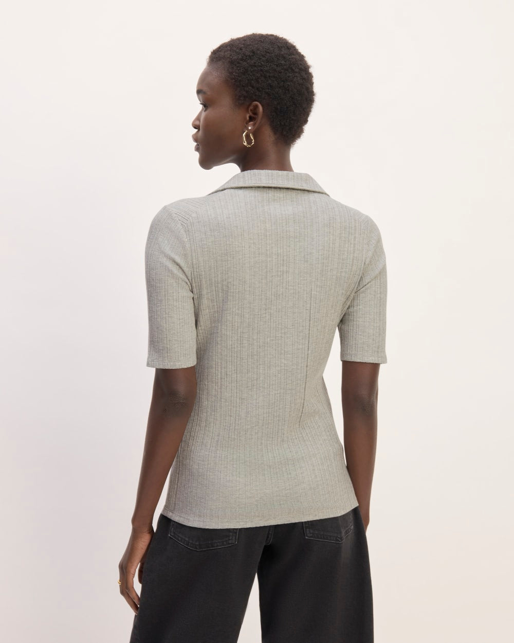 The Rib Soft Knit Open Collar Polo in Heathered Grey — detail view