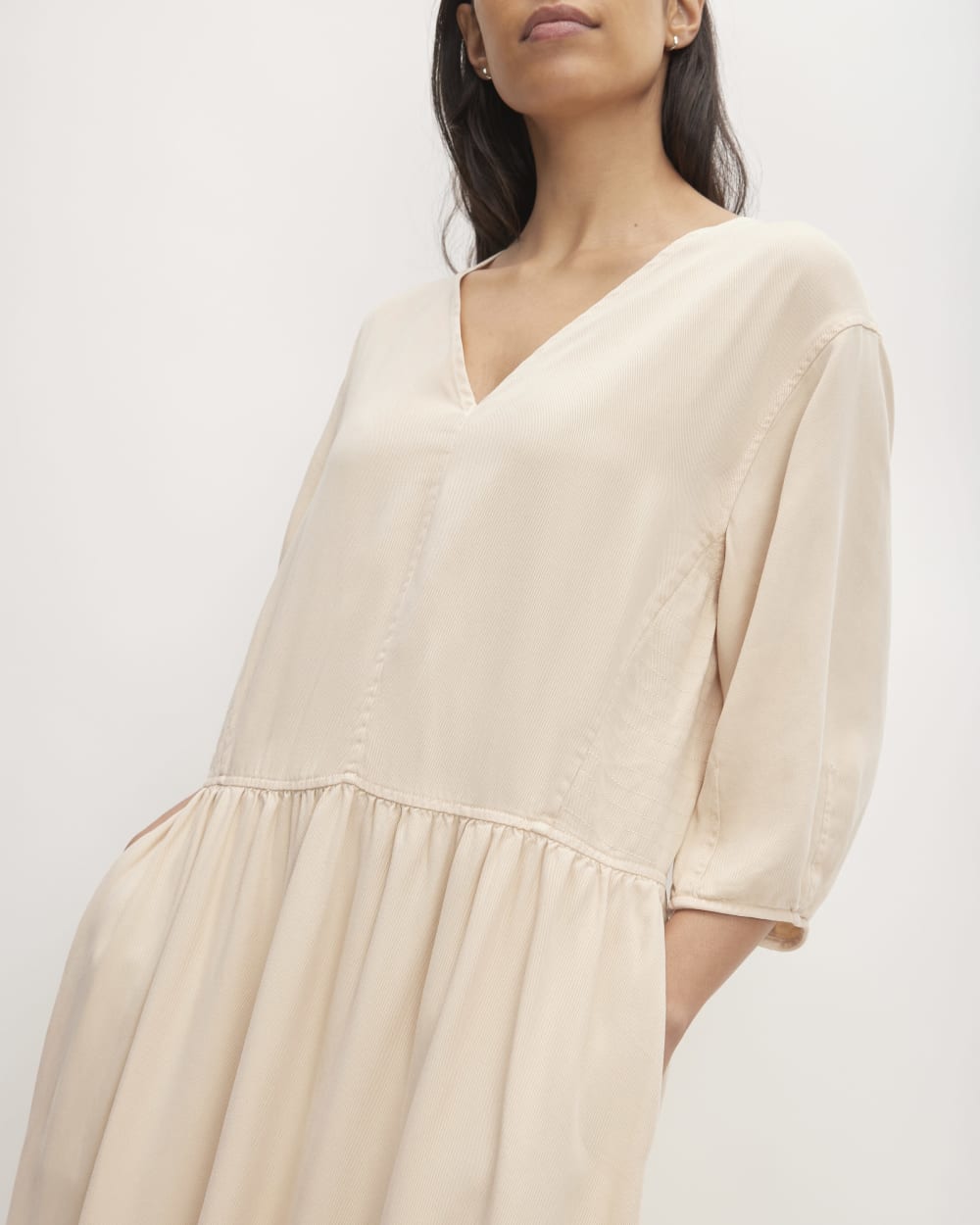 The TENCEL™ Puff-Sleeve Dress in Whisper Pink — detail view
