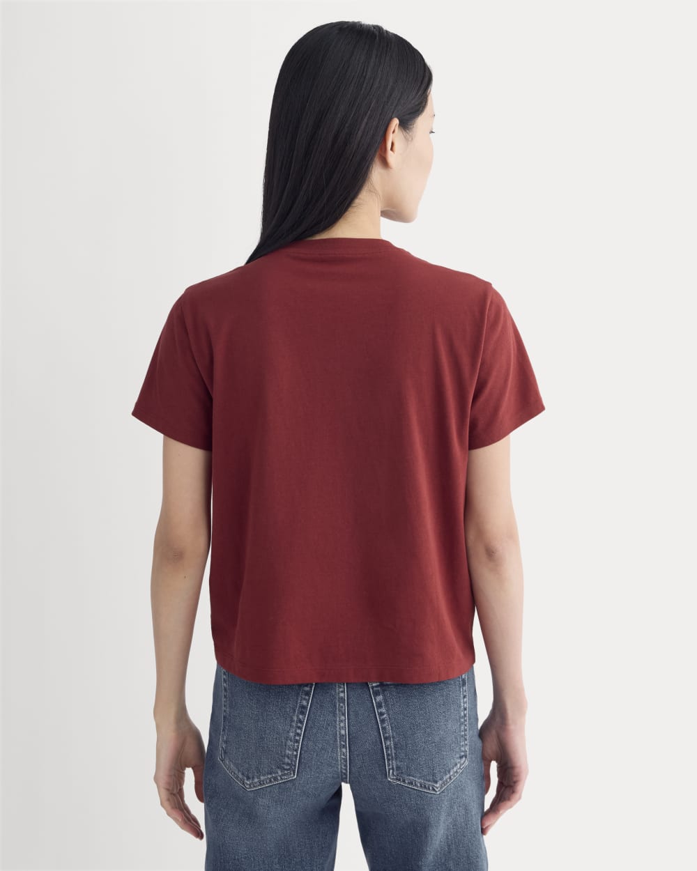The Box-Cut Tee in Essential Cotton in Merlot — detail view