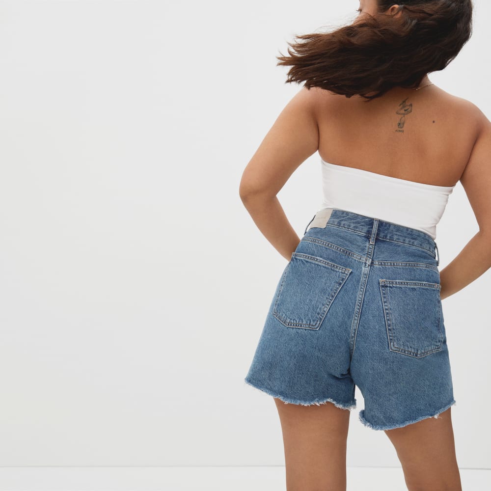 The A-Line Denim Short in Medium Indigo — detail view