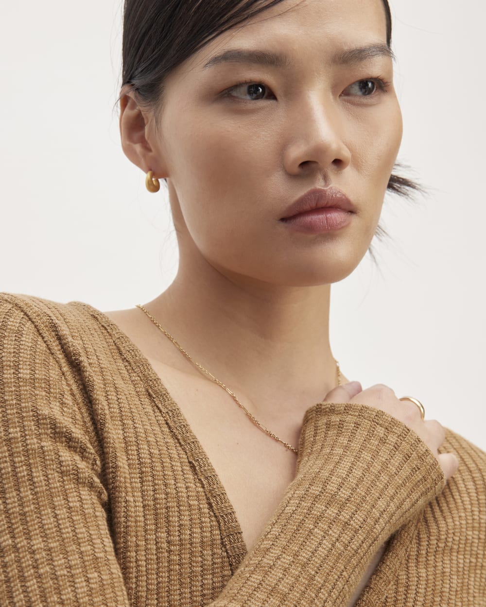The Cozy Rib Wrap Top in Cappuccino — detail view