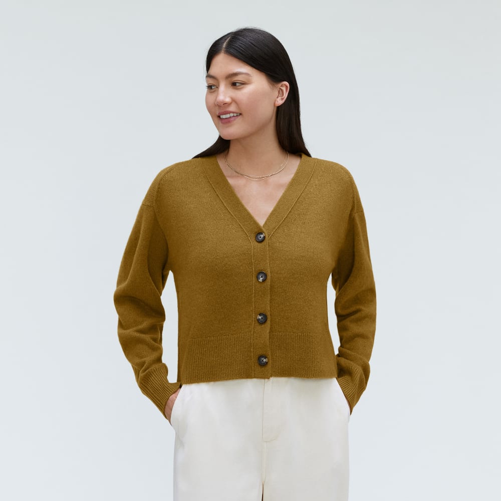 The Cashmere Cardigan in Tapenade — front view