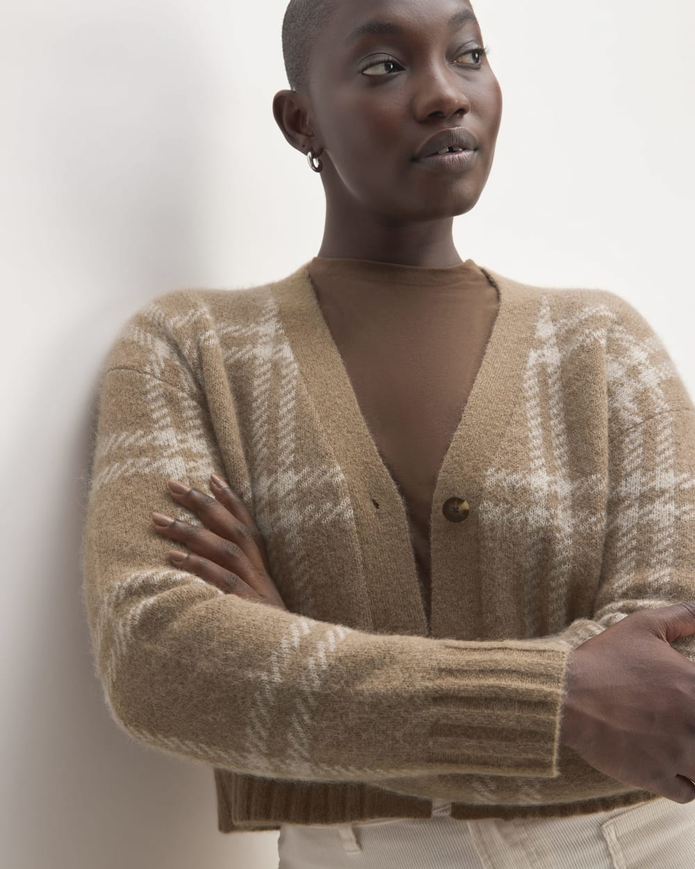 The Alpaca V-Neck Cropped Cardigan in Wheat / Lightest Taupe — detail view