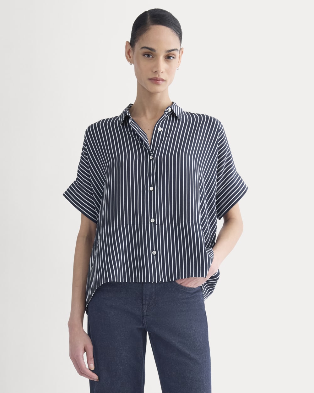 The Boxy Shirt in Washable Silk in True Navy / Bone Stripe — front view