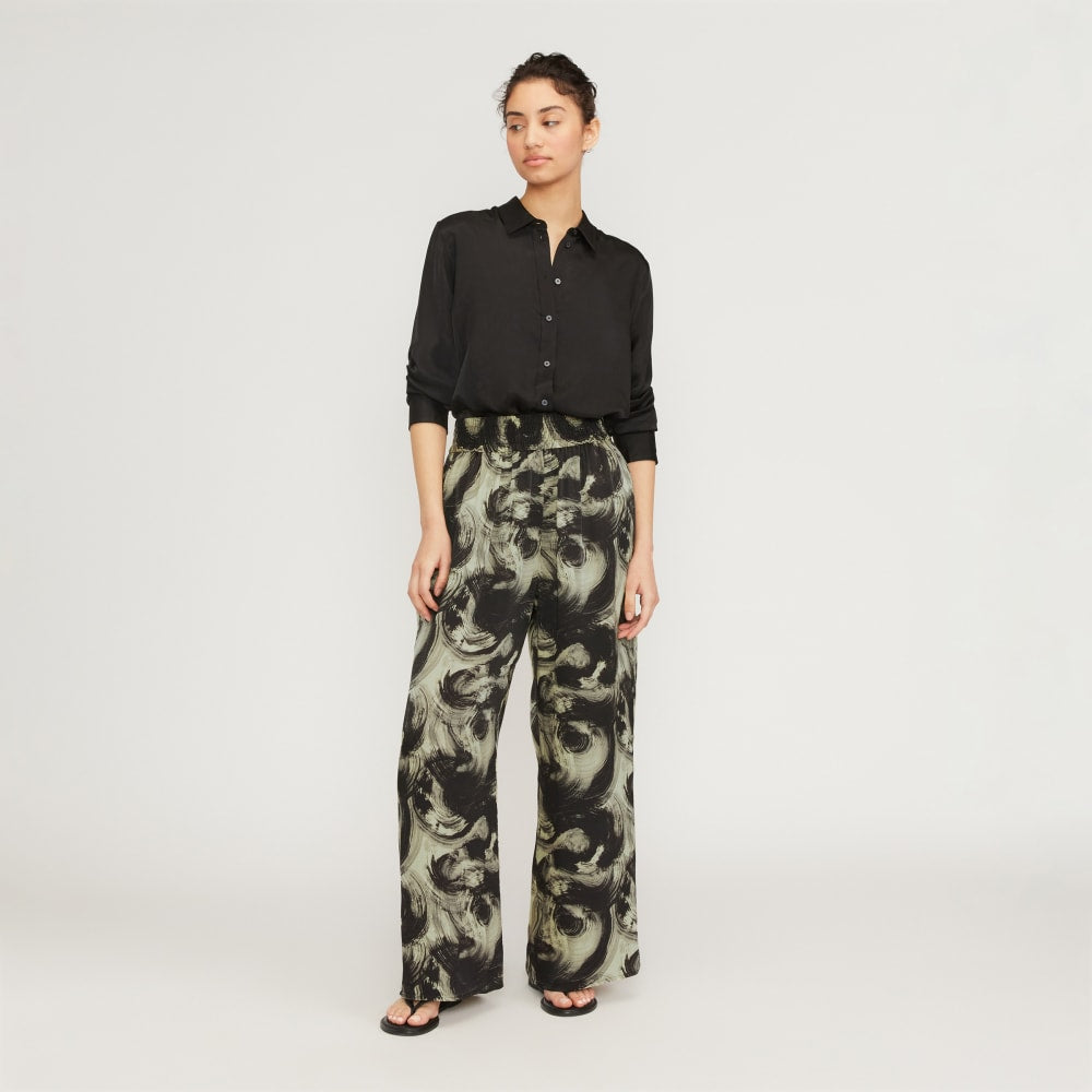 The Satin Pull-On Pant in Pale Yellow / Black — detail view