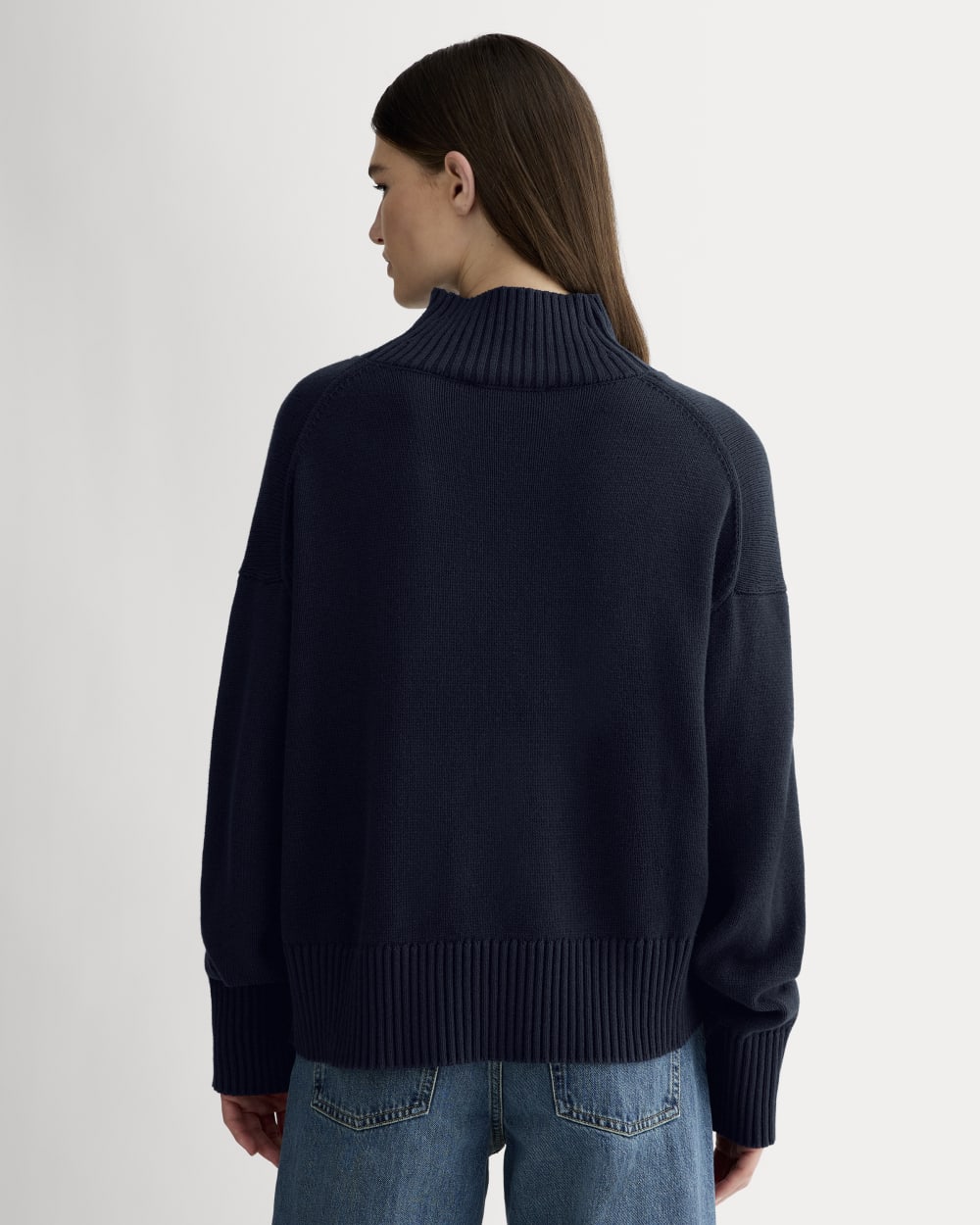 The Boxy Turtleneck in Everyday Cotton in Navy — detail view