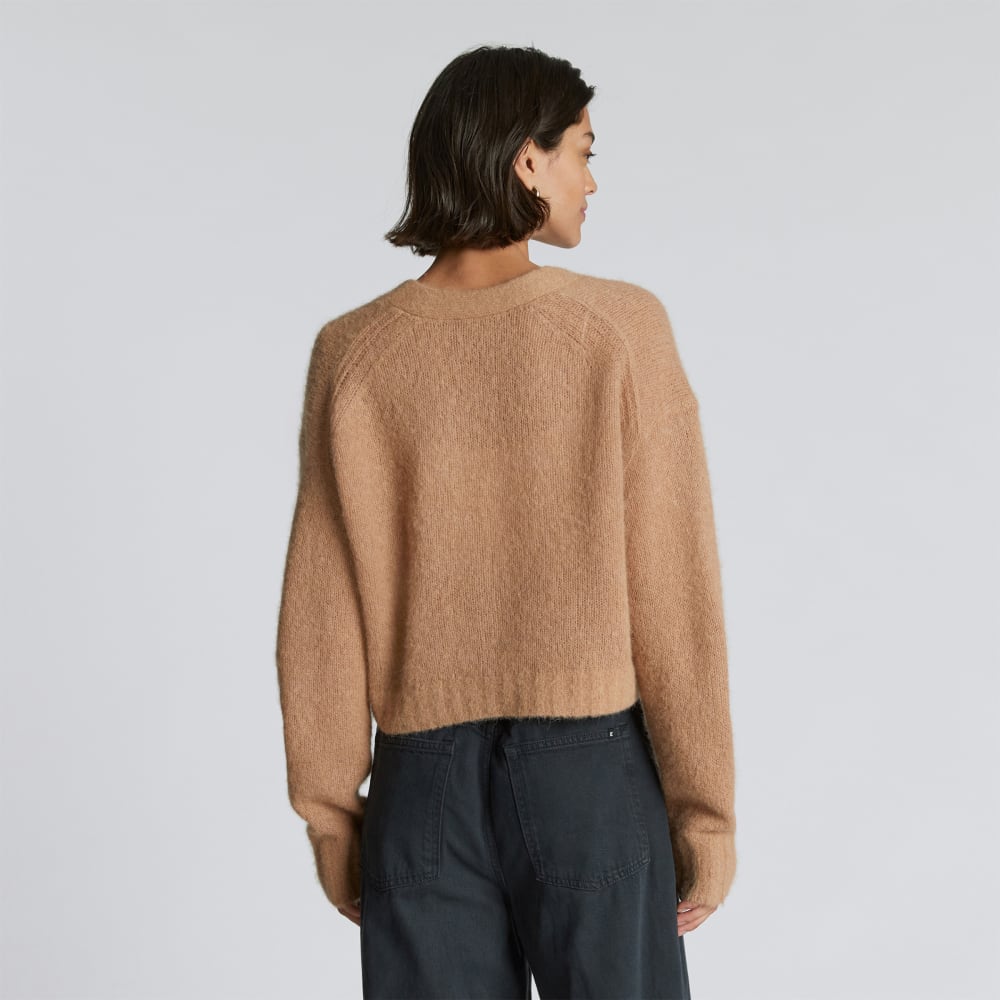 The Alpaca V-Neck Cropped Cardigan in Warm Taupe — detail view