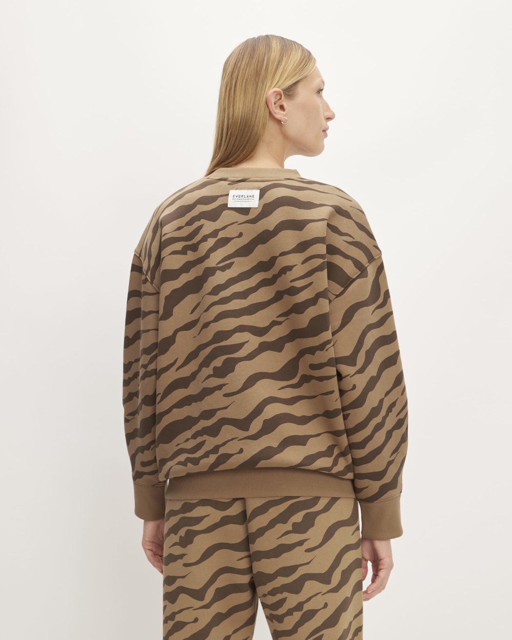 The ReTrack Oversized Crew in Cocoa Tiger Stripe — detail view