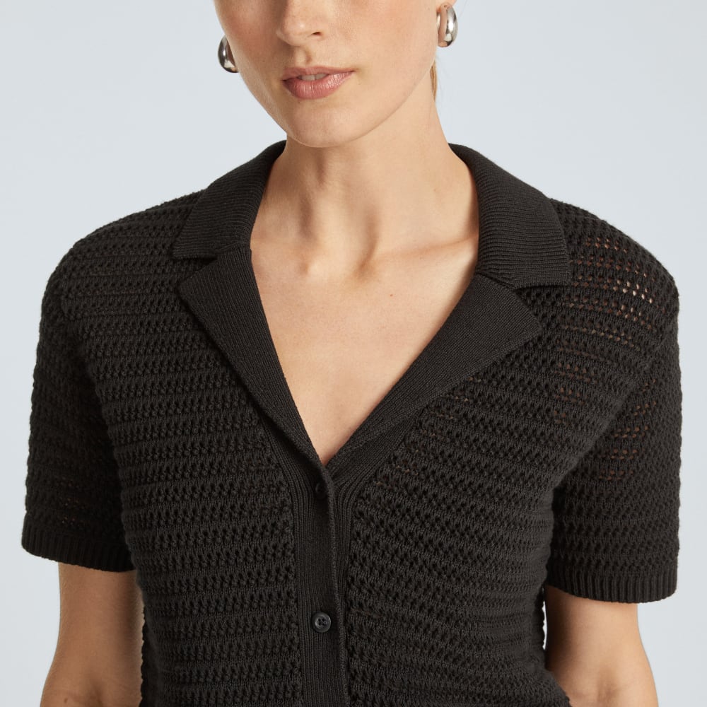 The Crochet Knit Polo in Black — detail view