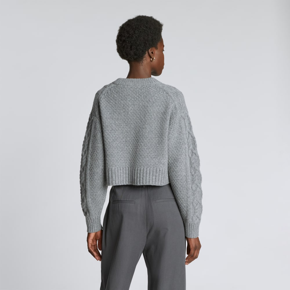 The Felted Merino Cropped Cable Sweater in Heathered Mid-Grey — detail view