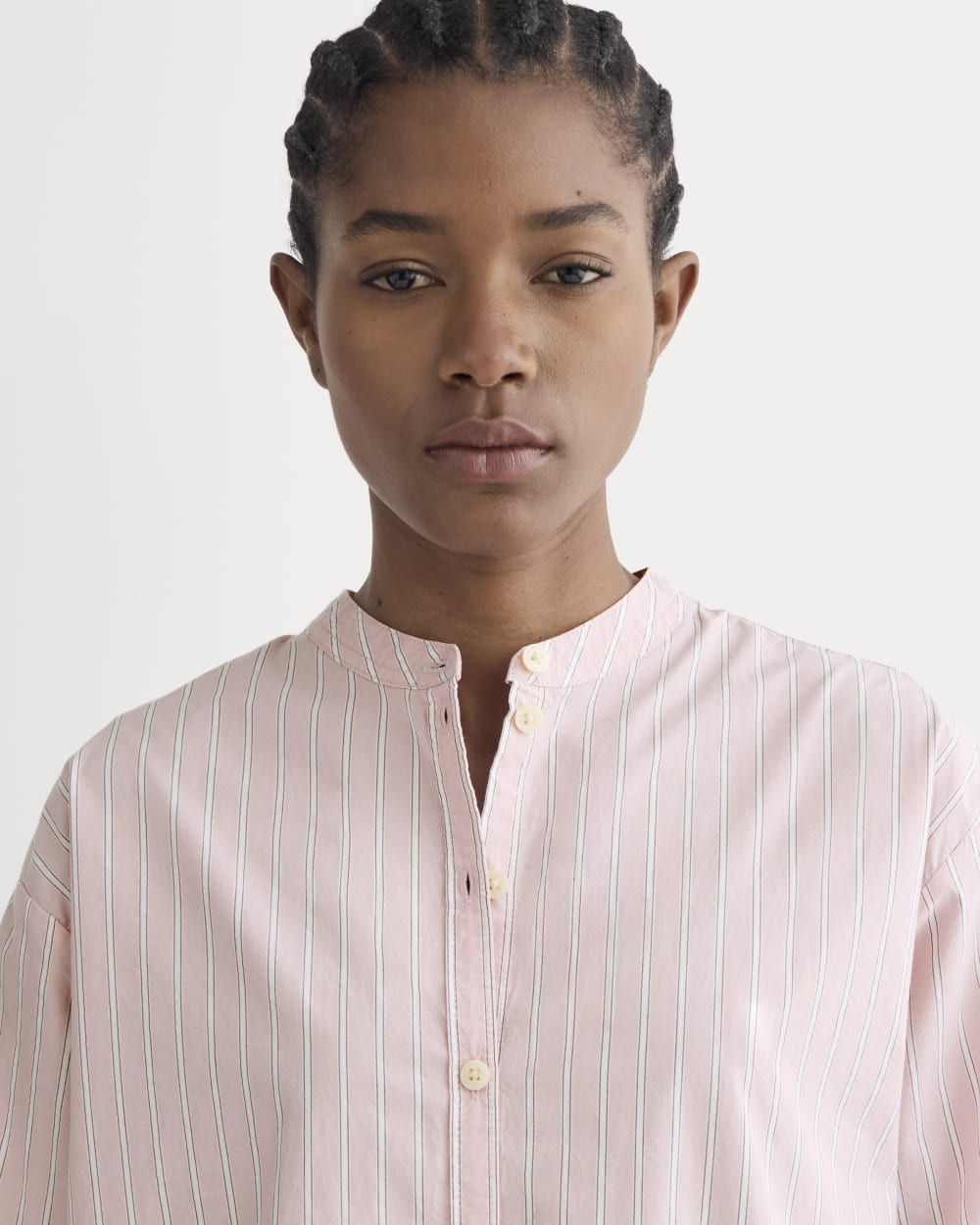 The Relaxed Shirt Dress in Ultrasoft Cotton in Pink / White — detail view