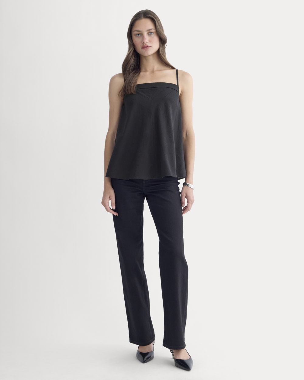 The Flowy Gauze Cami in Black — detail view