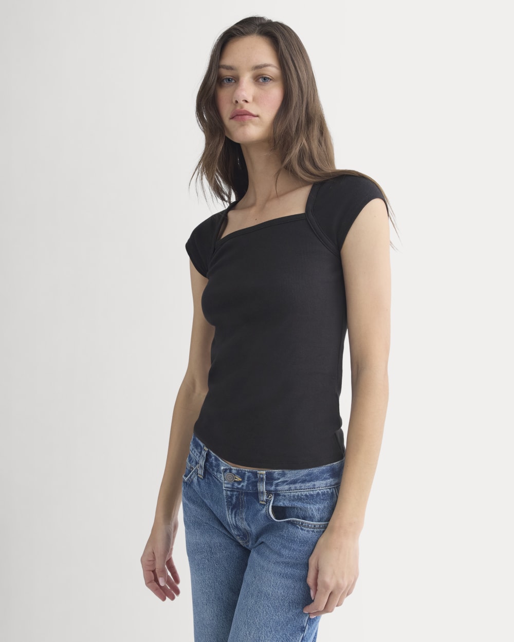 RetroSoft Cotton Square-Neck Tee in Black — front view