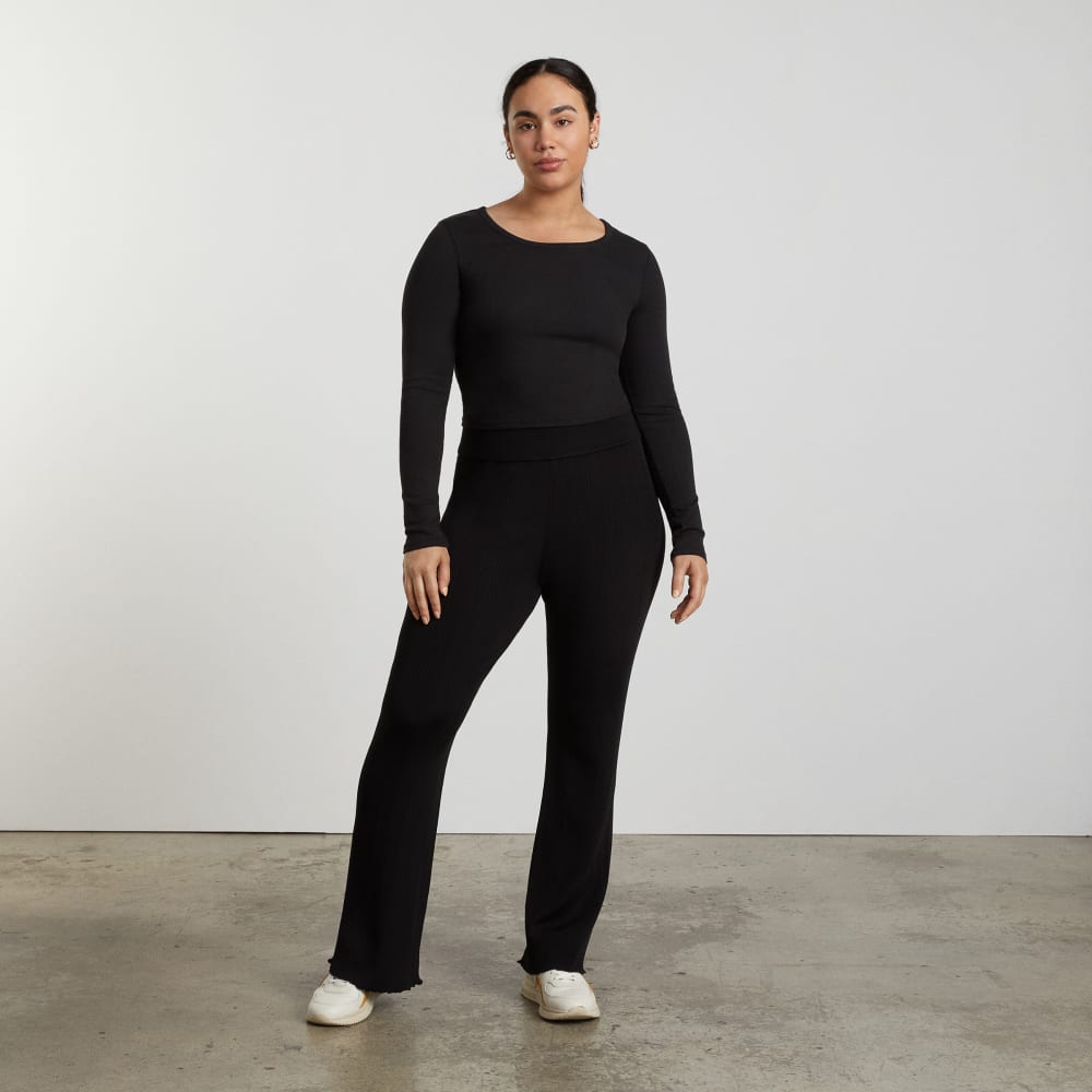 The Pima Micro-Rib Cropped Long-Sleeve Crew in Black — detail view