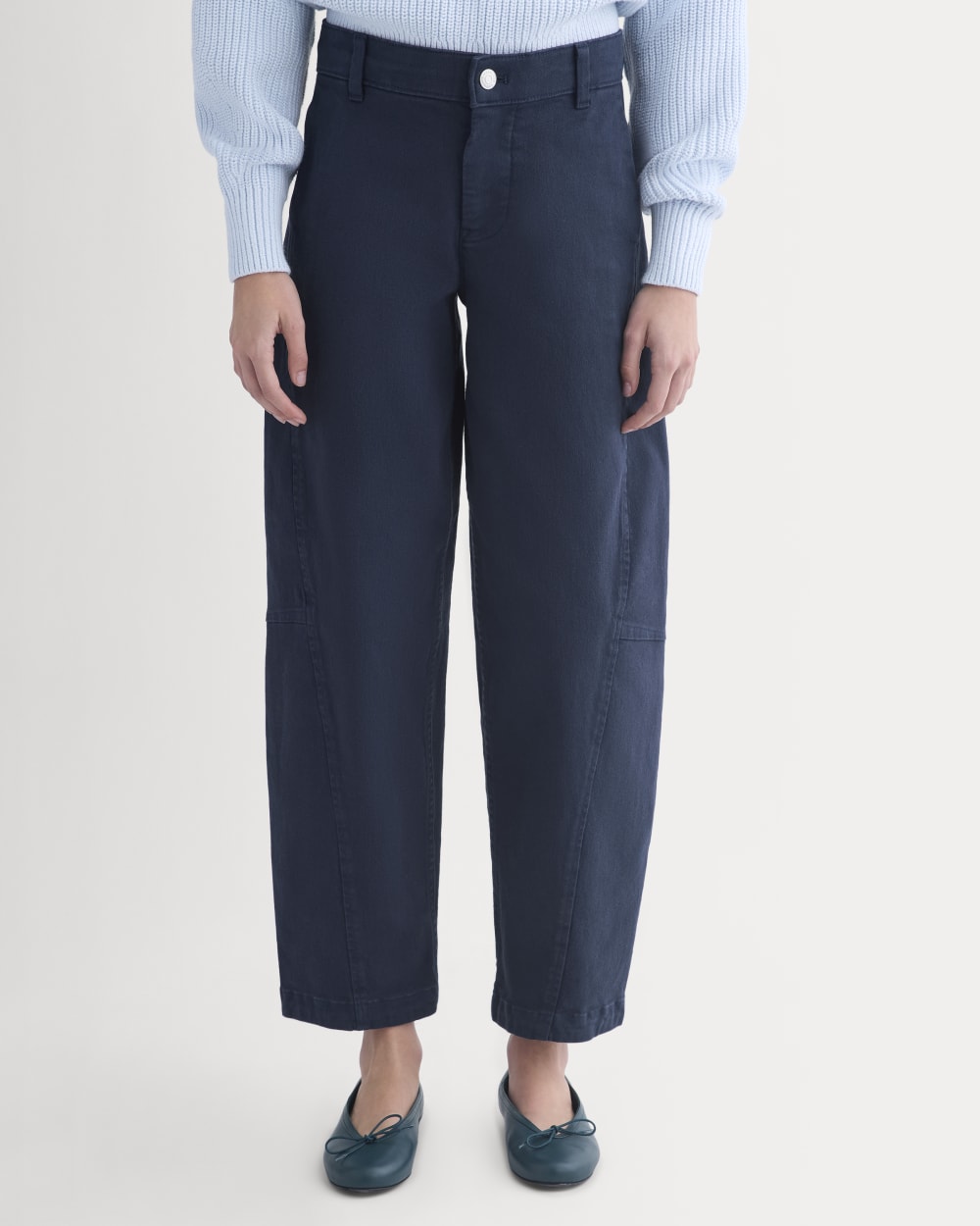 Twisted Seam Barrel Pant in Navy — detail view