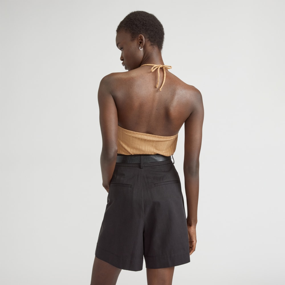 The Rib Soft Knit Halter Top in Caramel — detail view