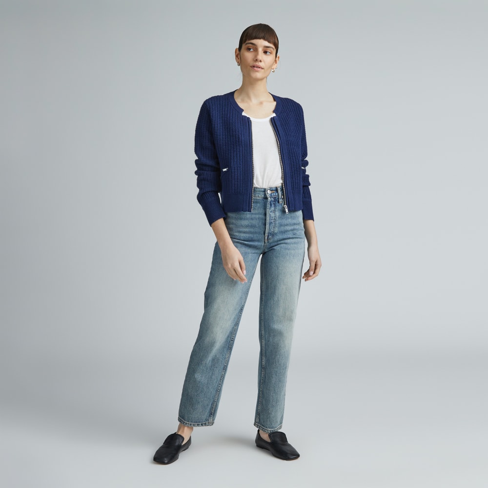 The Cropped Cotton-Merino Bomber in Bright Navy — detail view