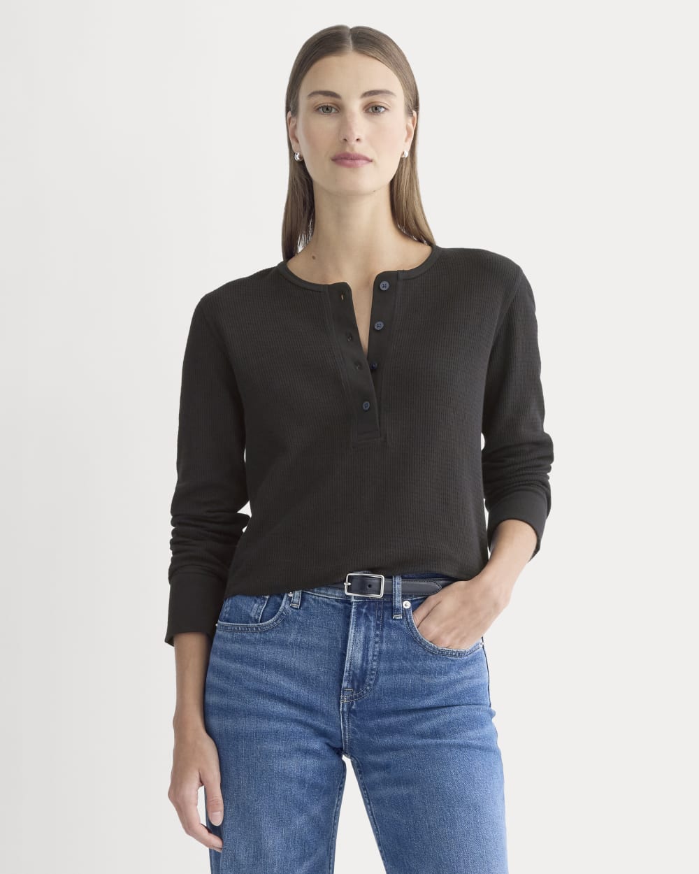Boxy Henley in Cozy Waffle in Black — front view