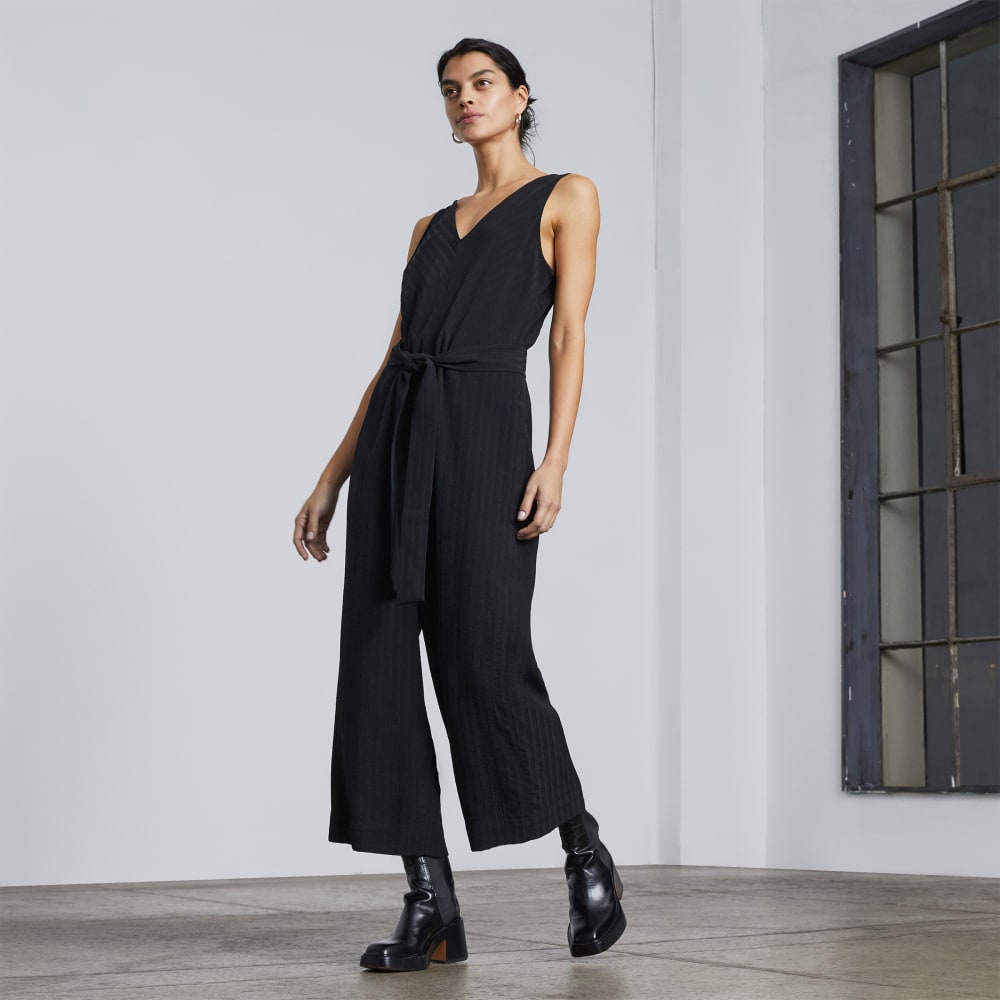 The City Stripe Draped Jumpsuit in Black — front view