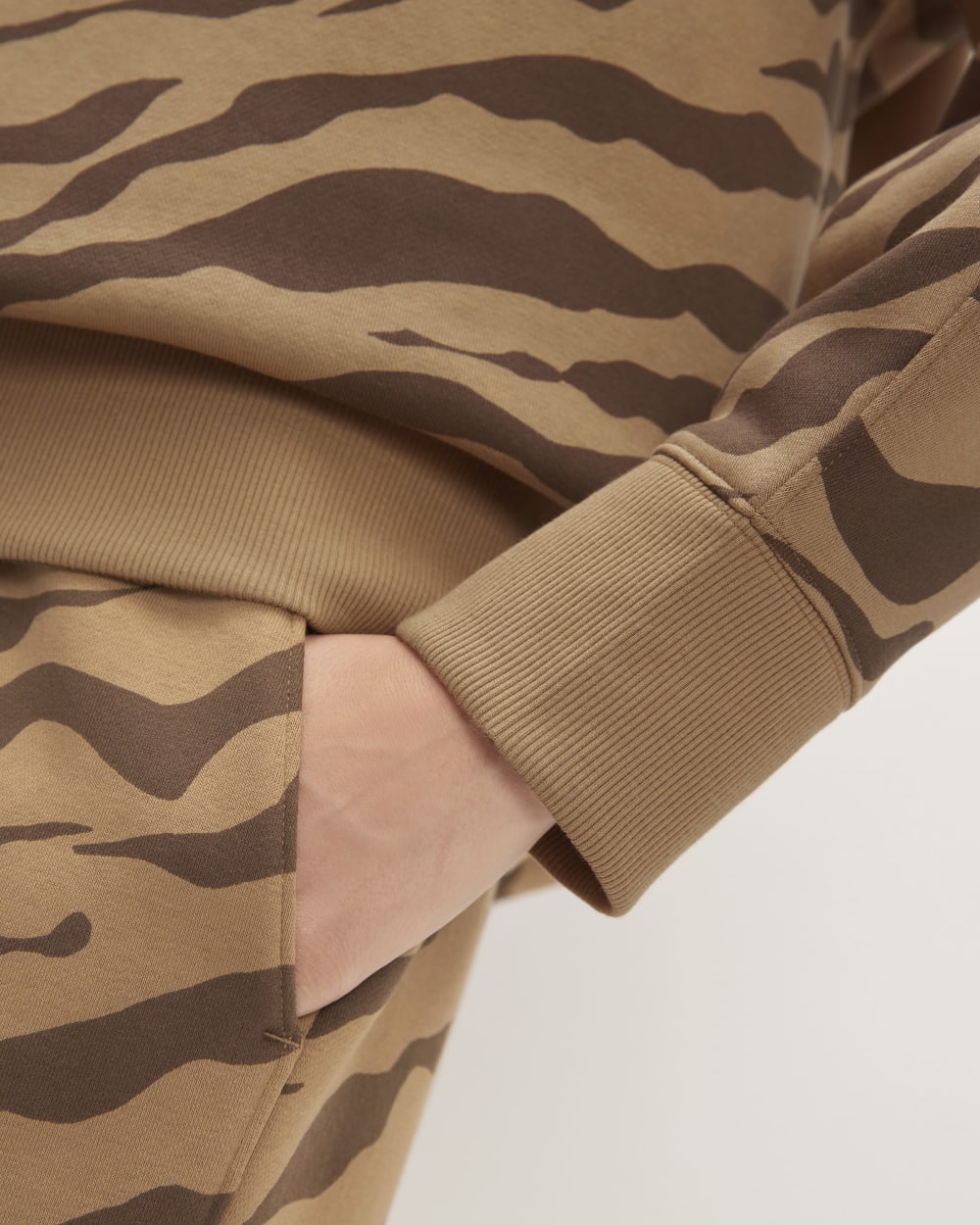 The ReTrack Oversized Crew in Cocoa Tiger Stripe — detail view