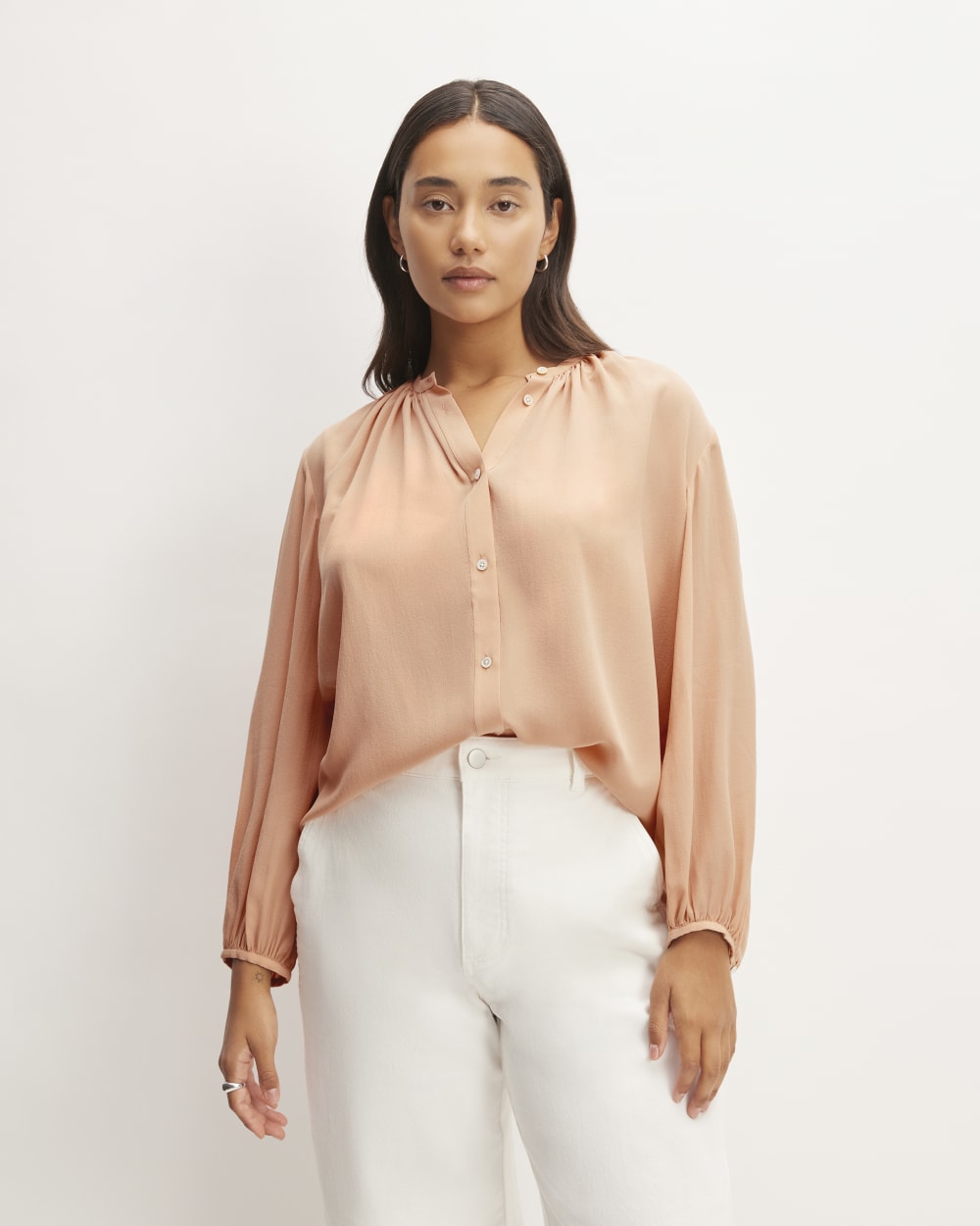 The Washable Clean Silk Shirred Blouse in Blush Pink — front view
