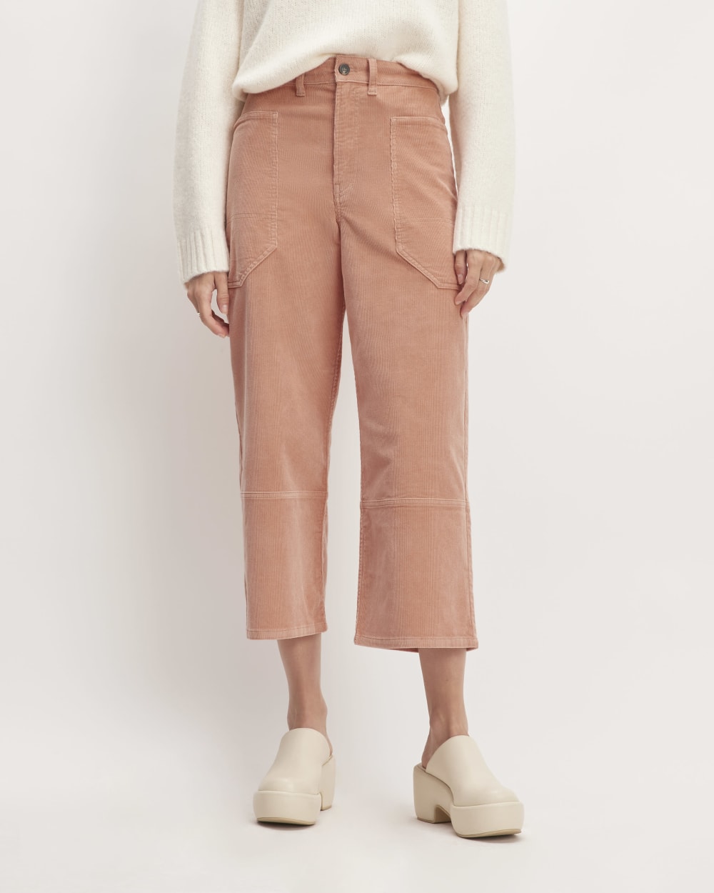 The Corduroy Gardener Pant in Blush Pink — detail view